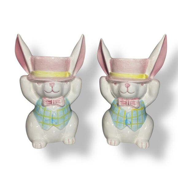 Midwest Lot of 2 Easter Bunny Rabbit Egg Cups Holders Vintage Ceramic Figurines - Picture 1 of 10